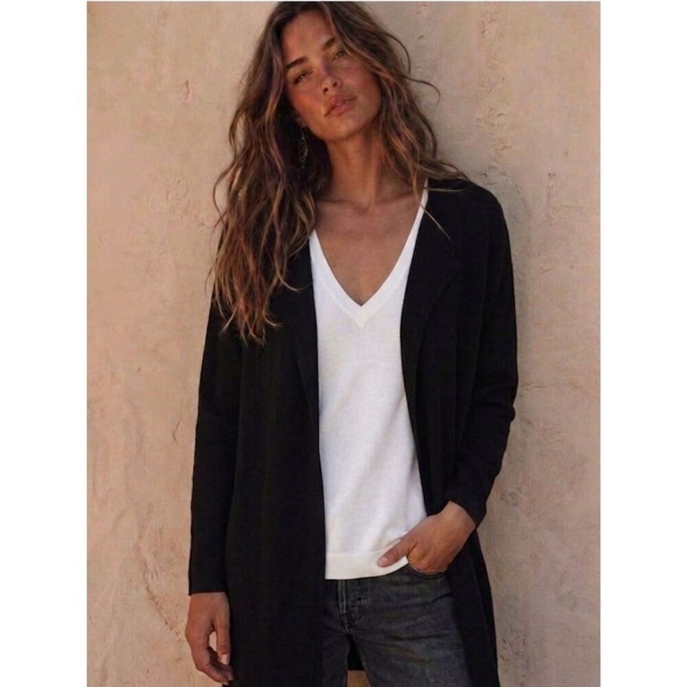 J. Crew Black Longline Open Front Coatigan Minimalist Sweater Cardigan Cotton